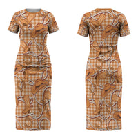 Brown Hawaii Palaka Cowboy Family Matching Short Sleeve Bodycon Dress and Hawaiian Shirt Hawaiian Paniolo Festival Spirit LT19 Mom's Dress Brown - Polynesian Pride
