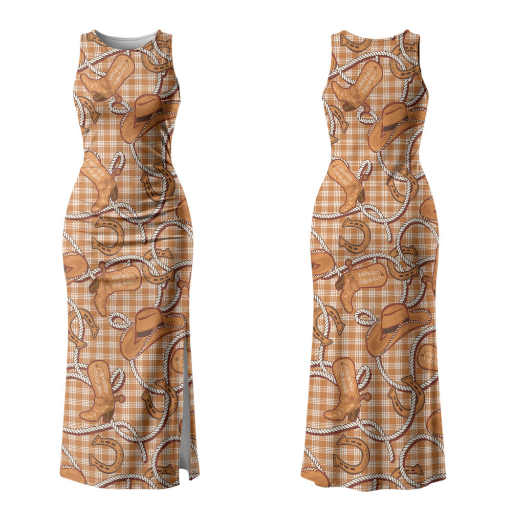 Brown Hawaii Palaka Cowboy Family Matching Tank Maxi Dress and Hawaiian Shirt Hawaiian Paniolo Festival Spirit LT19 Mom's Dress Brown - Polynesian Pride