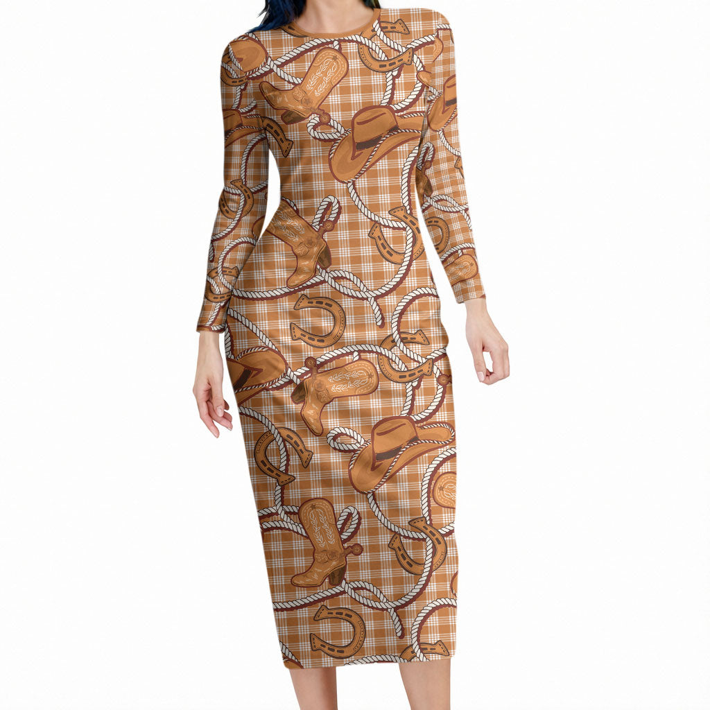 Brown Hawaii Palaka Cowboy Long Sleeve Bodycon Dress Hawaiian Paniolo Festival Spirit LT19 Long Dress Brown - Polynesian Pride