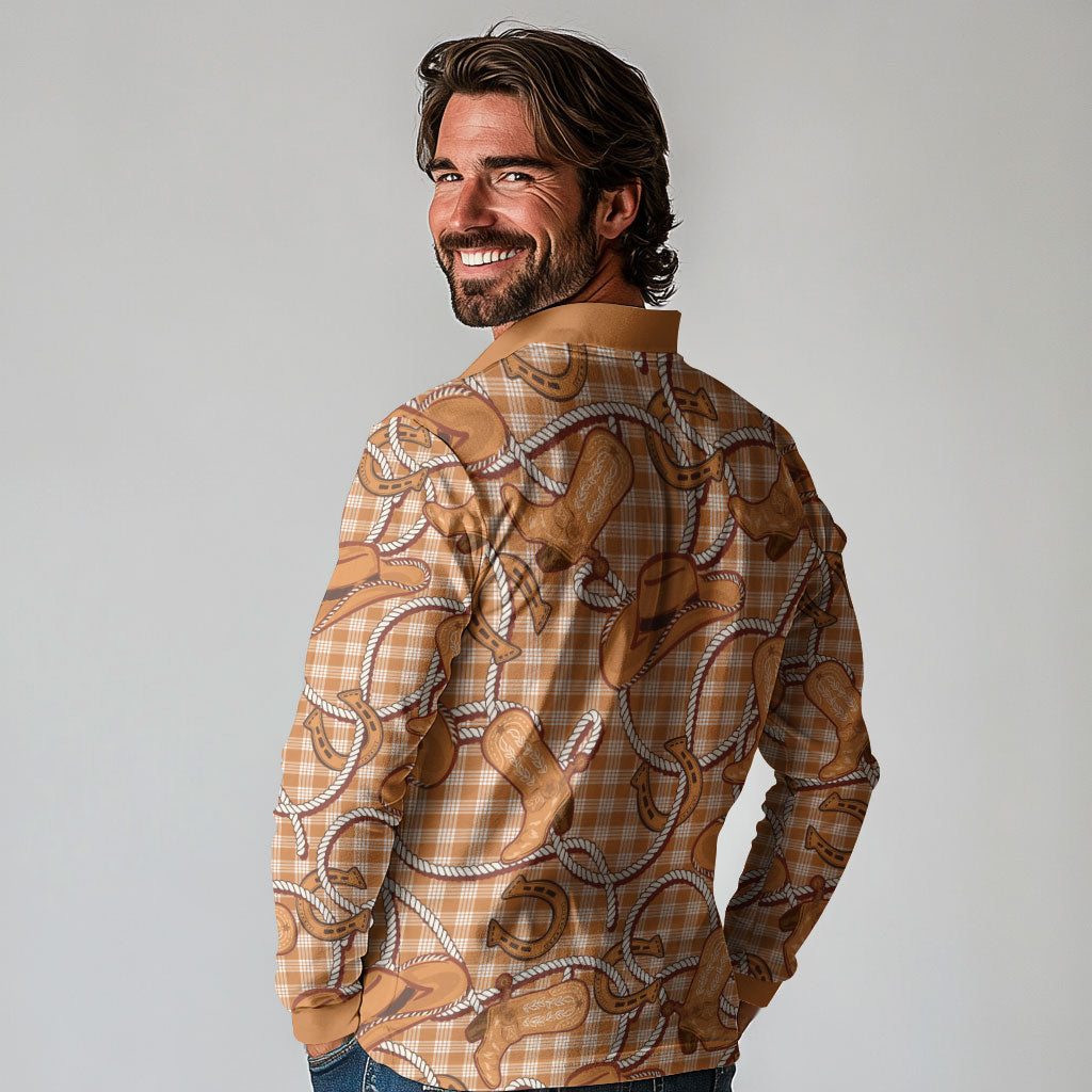 Brown Hawaii Palaka Cowboy Long Sleeve Polo Shirt Hawaiian Paniolo Festival Spirit LT19 - Polynesian Pride