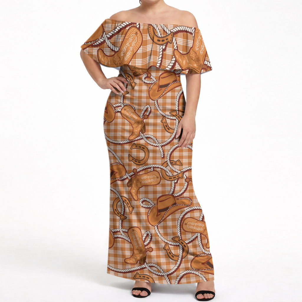 Brown Hawaii Palaka Cowboy Off Shoulder Maxi Dress Hawaiian Paniolo Festival Spirit LT19 Women Brown - Polynesian Pride