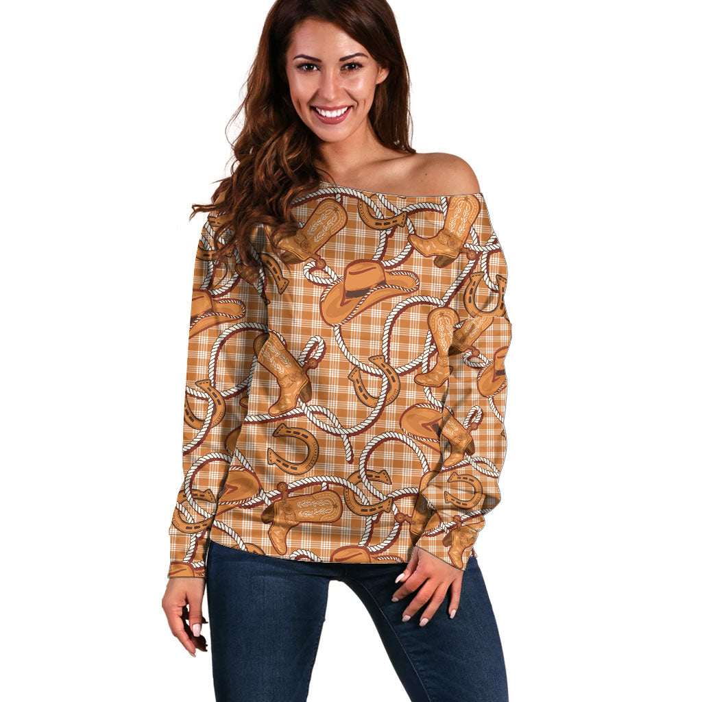 Brown Hawaii Palaka Cowboy Off Shoulder Sweater Hawaiian Paniolo Festival Spirit LT19 Women Brown - Polynesian Pride