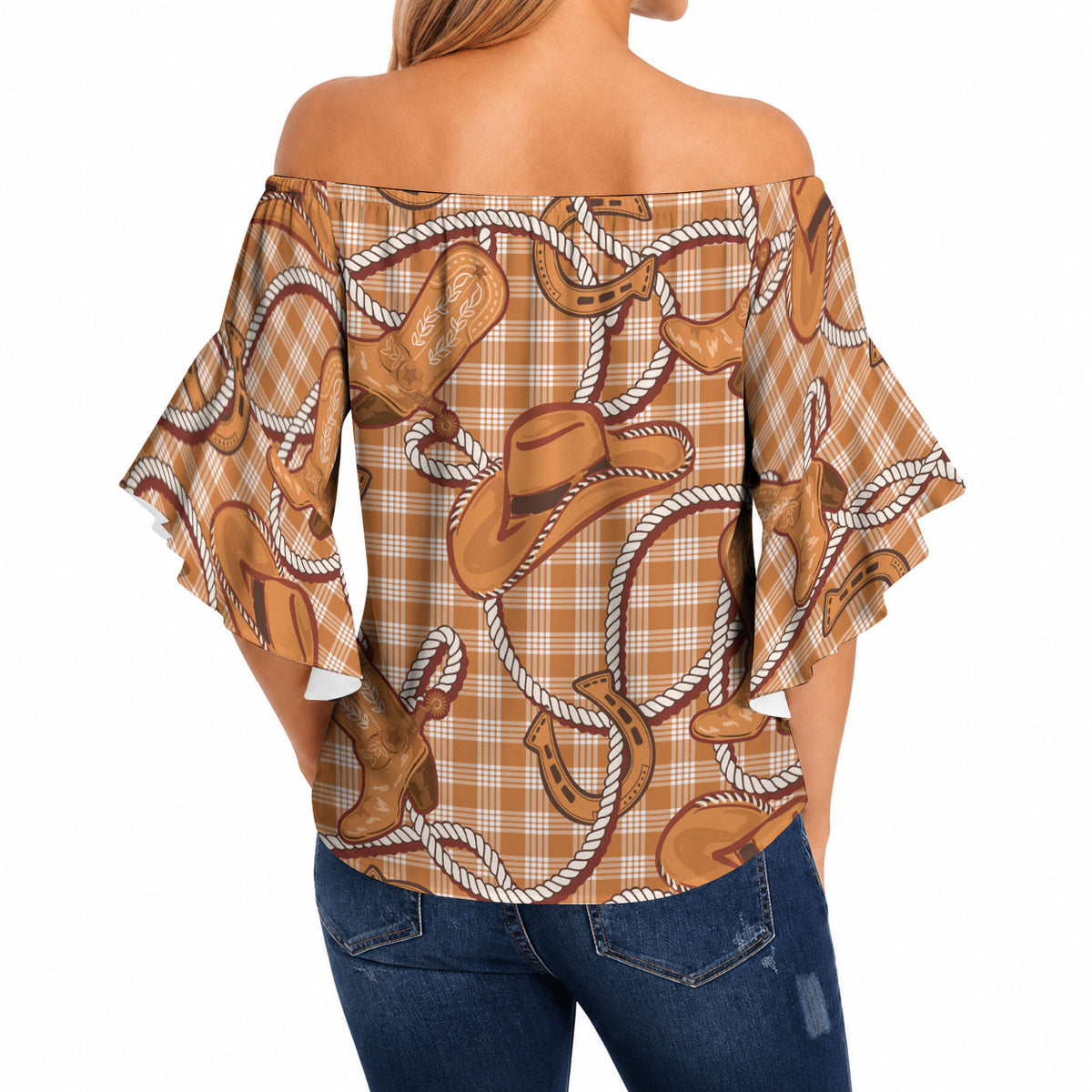 Brown Hawaii Palaka Cowboy Off Shoulder Wrap Waist Top Hawaiian Paniolo Festival Spirit LT19 - Polynesian Pride