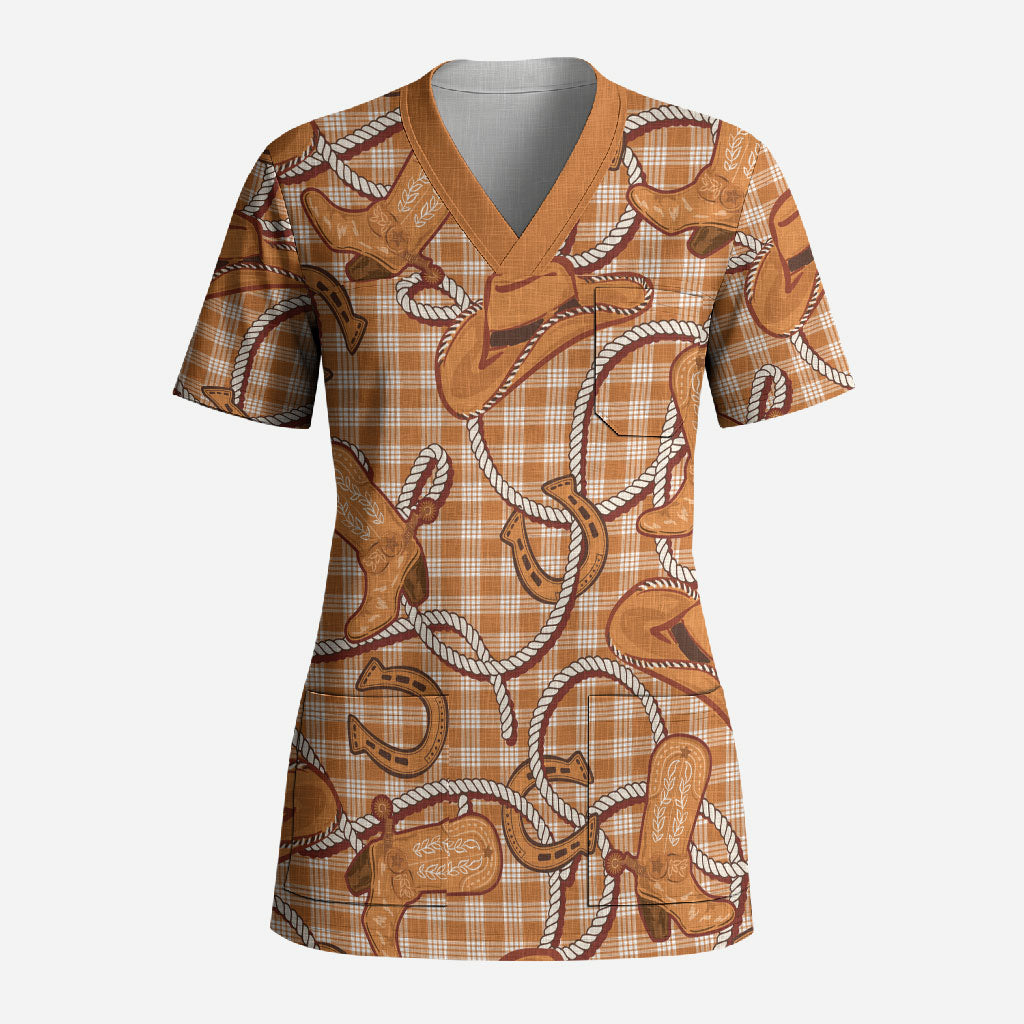 Brown Hawaii Palaka Cowboy Scrub Top Hawaiian Paniolo Festival Spirit LT19 Adult Brown - Polynesian Pride
