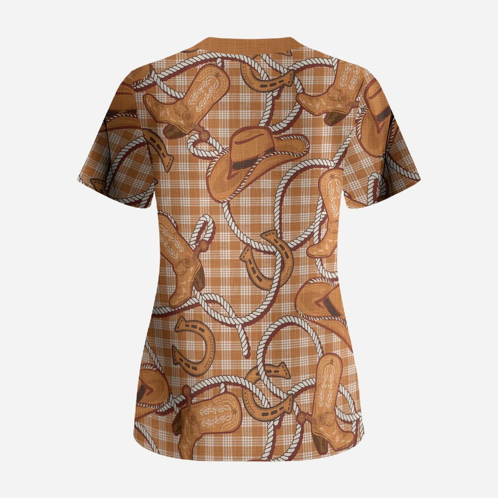 Brown Hawaii Palaka Cowboy Scrub Top Hawaiian Paniolo Festival Spirit LT19 - Polynesian Pride