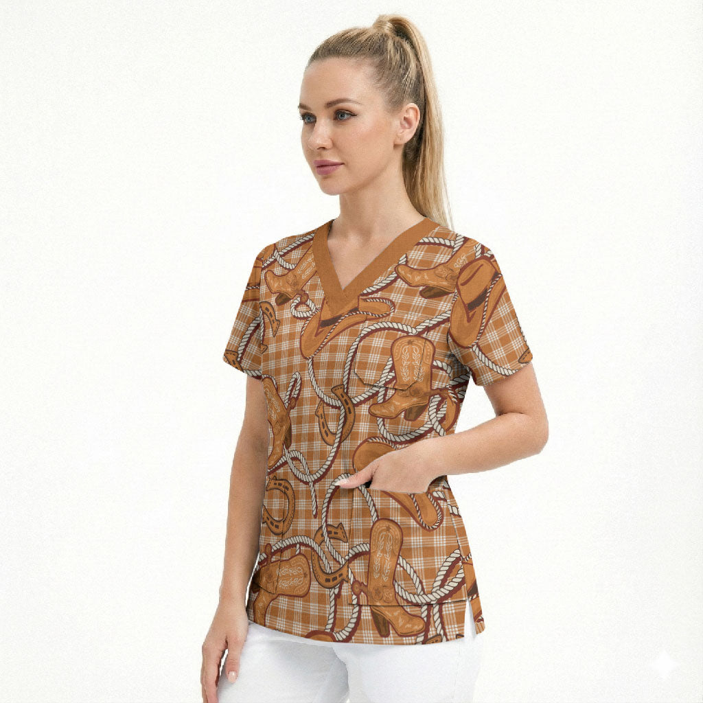 Brown Hawaii Palaka Cowboy Scrub Top Hawaiian Paniolo Festival Spirit LT19 - Polynesian Pride