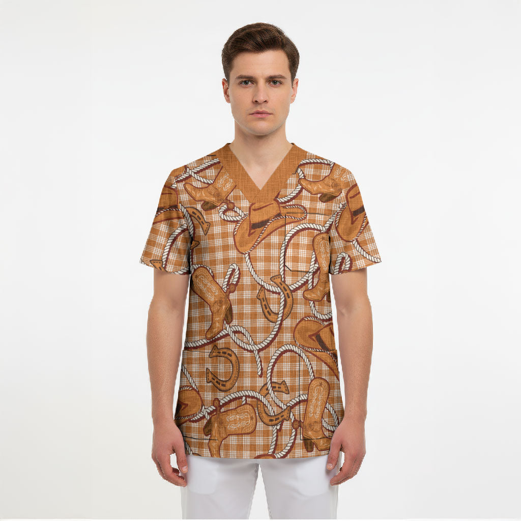 Brown Hawaii Palaka Cowboy Scrub Top Hawaiian Paniolo Festival Spirit LT19 - Polynesian Pride