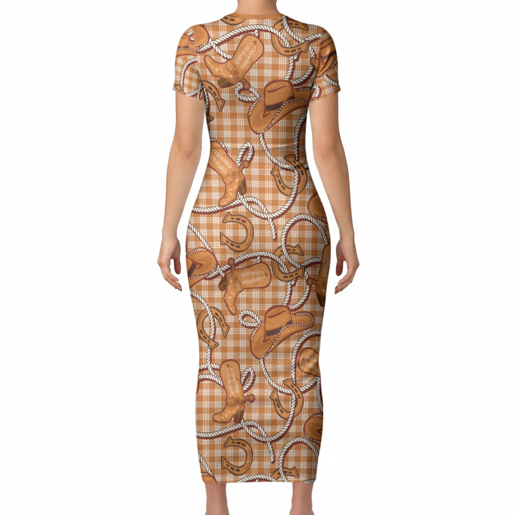 Brown Hawaii Palaka Cowboy Short Sleeve Bodycon Dress Hawaiian Paniolo Festival Spirit LT19 - Polynesian Pride
