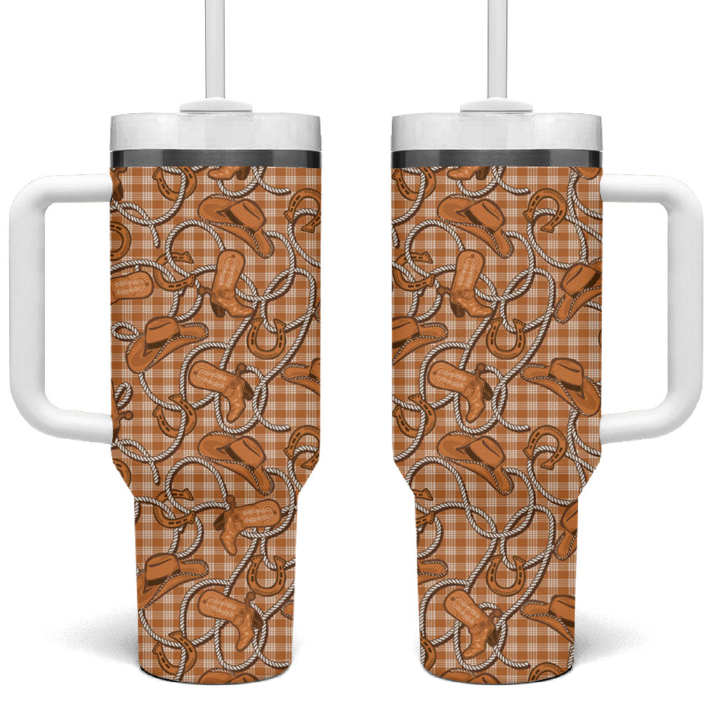 Brown Hawaii Palaka Cowboy Tumbler With Handle Hawaiian Paniolo Festival Spirit LT19 One Size: 40 oz Brown - Polynesian Pride