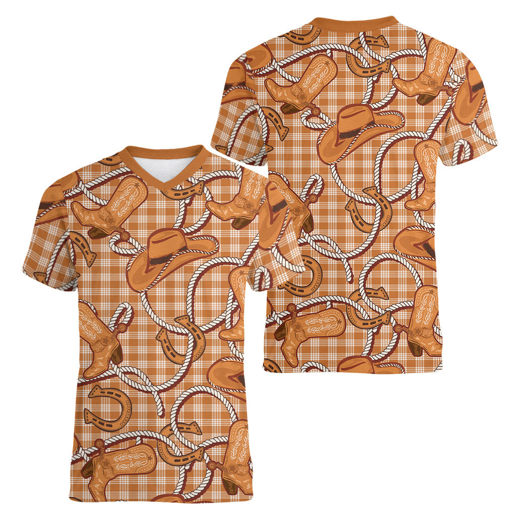 Brown Hawaii Palaka Cowboy Women V-Neck T-Shirt Hawaiian Paniolo Festival Spirit LT19 - Polynesian Pride