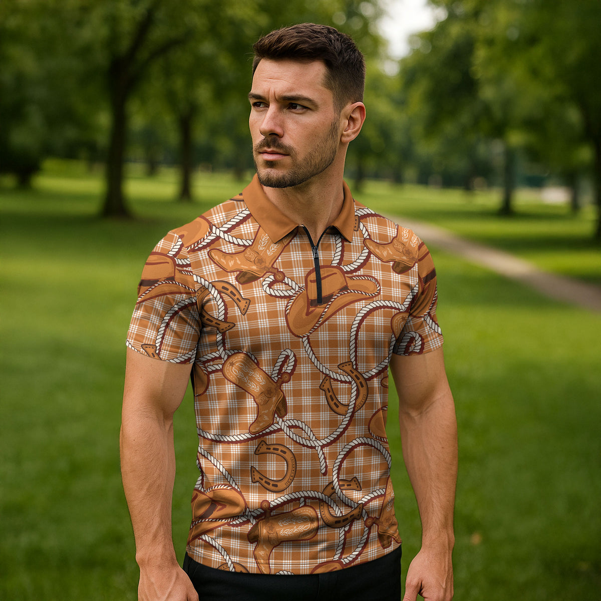 Brown Hawaii Palaka Cowboy Zipper Polo Shirt Hawaiian Paniolo Festival Spirit LT19 - Polynesian Pride