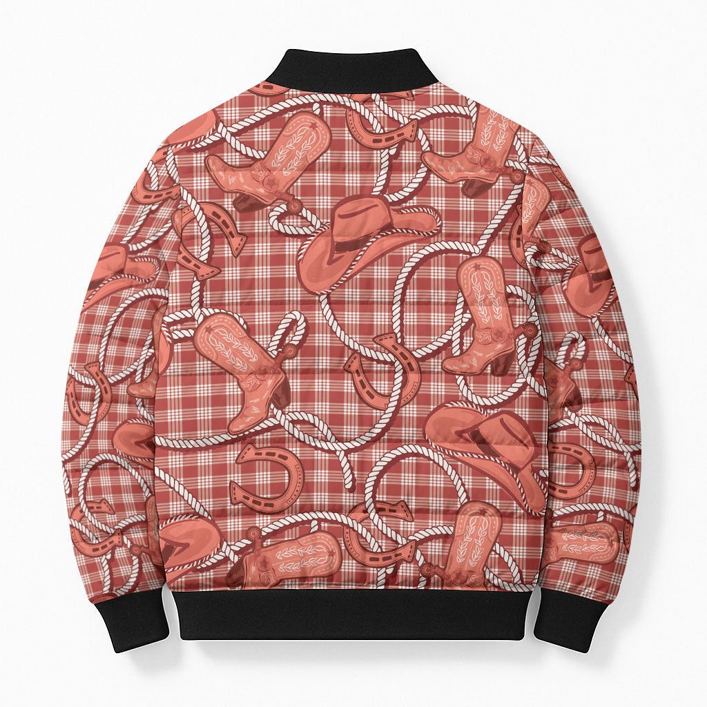 Red Hawaii Palaka Cowboy Bomber Puffer Jacket Hawaiian Paniolo Festival Spirit LT19 - Polynesian Pride