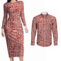 Red Hawaii Palaka Cowboy Couples Matching Long Sleeve Bodycon Dress and Long Sleeve Button Shirt Hawaiian Paniolo Festival Spirit LT19 Red - Polynesian Pride