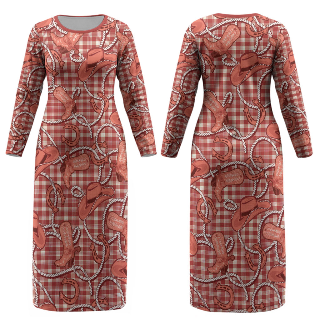Red Hawaii Palaka Cowboy Couples Matching Long Sleeve Bodycon Dress and Long Sleeve Button Shirt Hawaiian Paniolo Festival Spirit LT19 - Polynesian Pride