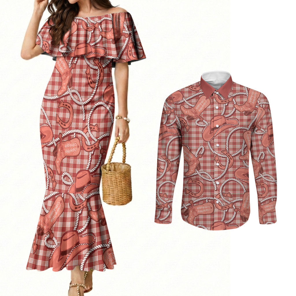 Red Hawaii Palaka Cowboy Couples Matching Mermaid Dress and Long Sleeve Button Shirt Hawaiian Paniolo Festival Spirit LT19 Red - Polynesian Pride