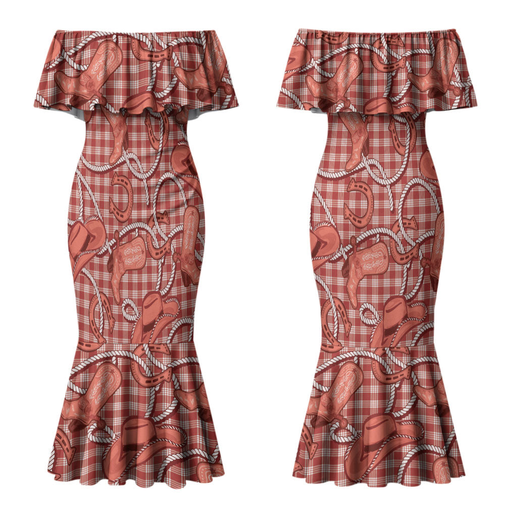 Red Hawaii Palaka Cowboy Couples Matching Mermaid Dress and Long Sleeve Button Shirt Hawaiian Paniolo Festival Spirit LT19 - Polynesian Pride