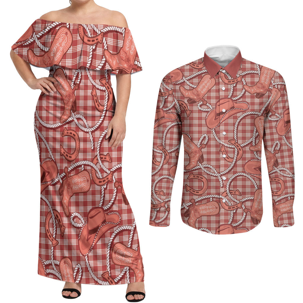 Red Hawaii Palaka Cowboy Couples Matching Off Shoulder Maxi Dress and Long Sleeve Button Shirt Hawaiian Paniolo Festival Spirit LT19 Red - Polynesian Pride