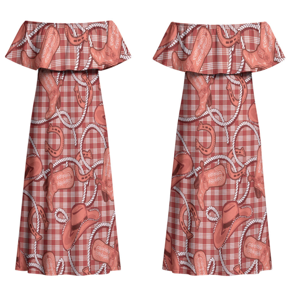 Red Hawaii Palaka Cowboy Couples Matching Off Shoulder Maxi Dress and Long Sleeve Button Shirt Hawaiian Paniolo Festival Spirit LT19 - Polynesian Pride