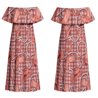 Red Hawaii Palaka Cowboy Couples Matching Off Shoulder Maxi Dress and Long Sleeve Button Shirt Hawaiian Paniolo Festival Spirit LT19 - Polynesian Pride