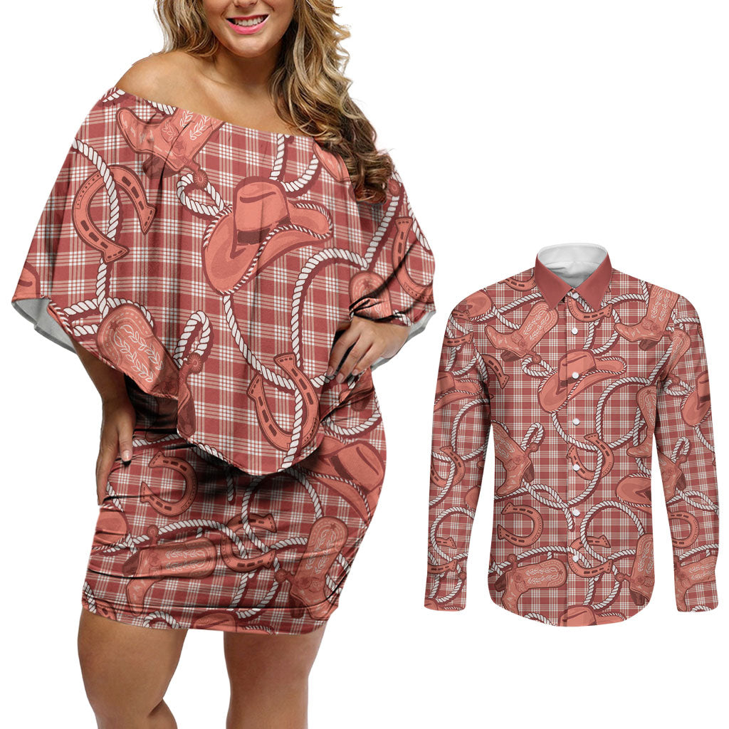 Red Hawaii Palaka Cowboy Couples Matching Off Shoulder Short Dress and Long Sleeve Button Shirt Hawaiian Paniolo Festival Spirit LT19 Red - Polynesian Pride