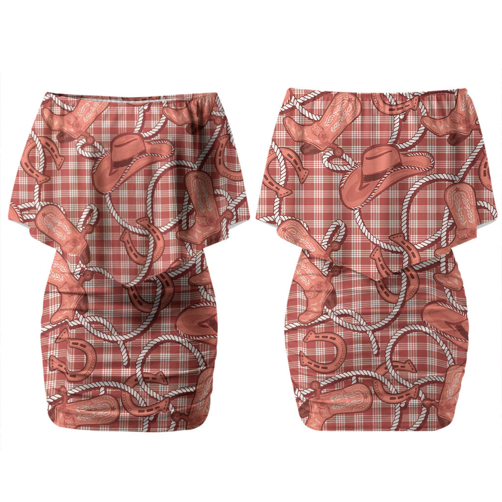 Red Hawaii Palaka Cowboy Couples Matching Off Shoulder Short Dress and Long Sleeve Button Shirt Hawaiian Paniolo Festival Spirit LT19 - Polynesian Pride
