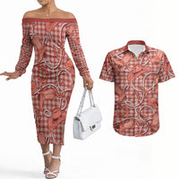 Red Hawaii Palaka Cowboy Couples Matching Off The Shoulder Long Sleeve Dress and Hawaiian Shirt Hawaiian Paniolo Festival Spirit LT19 Red - Polynesian Pride