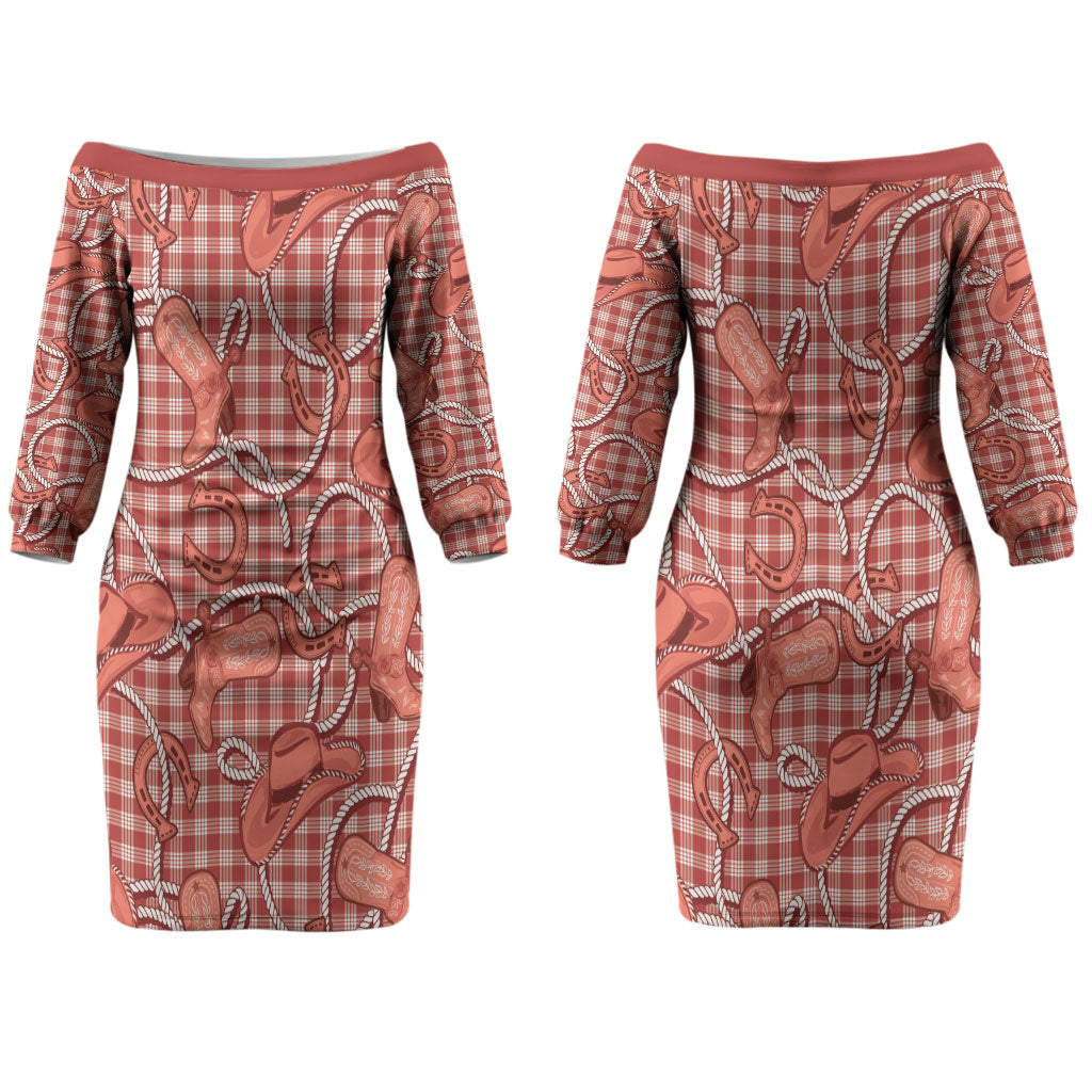 Red Hawaii Palaka Cowboy Couples Matching Off The Shoulder Long Sleeve Dress and Hawaiian Shirt Hawaiian Paniolo Festival Spirit LT19 - Polynesian Pride