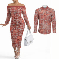 Red Hawaii Palaka Cowboy Couples Matching Off The Shoulder Long Sleeve Dress and Long Sleeve Button Shirt Hawaiian Paniolo Festival Spirit LT19 Red - Polynesian Pride