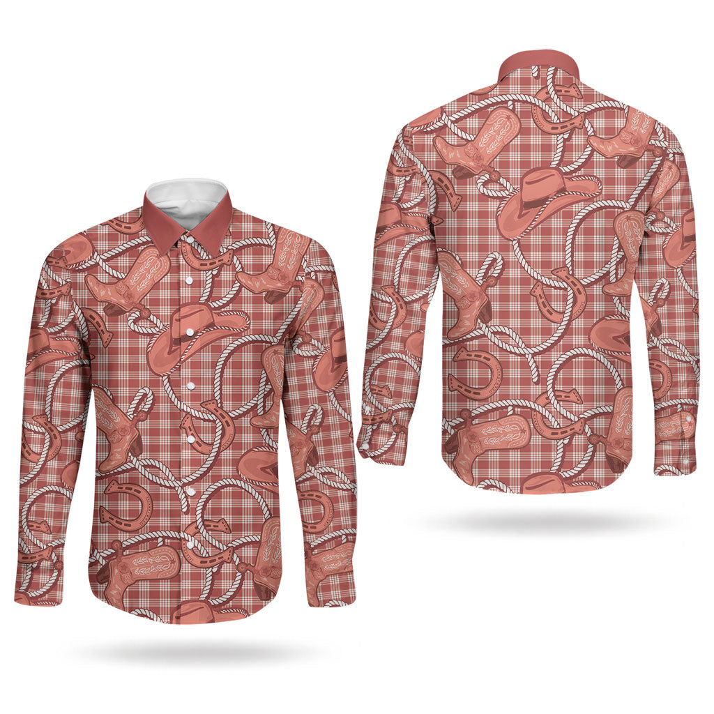 Red Hawaii Palaka Cowboy Couples Matching Off The Shoulder Long Sleeve Dress and Long Sleeve Button Shirt Hawaiian Paniolo Festival Spirit LT19 - Polynesian Pride