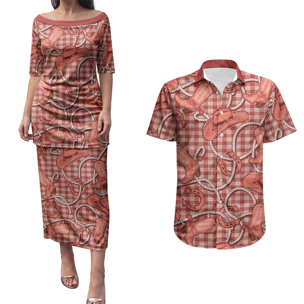 Red Hawaii Palaka Cowboy Couples Matching Puletasi and Hawaiian Shirt Hawaiian Paniolo Festival Spirit LT19 Red - Polynesian Pride