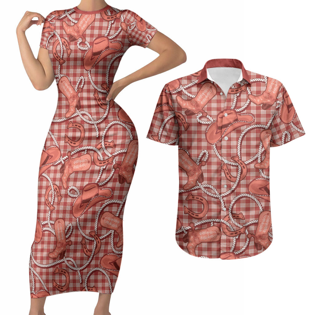 Red Hawaii Palaka Cowboy Couples Matching Short Sleeve Bodycon Dress and Hawaiian Shirt Hawaiian Paniolo Festival Spirit LT19 Red - Polynesian Pride