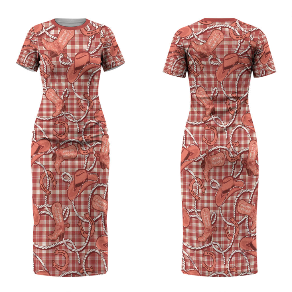 Red Hawaii Palaka Cowboy Couples Matching Short Sleeve Bodycon Dress and Hawaiian Shirt Hawaiian Paniolo Festival Spirit LT19 - Polynesian Pride