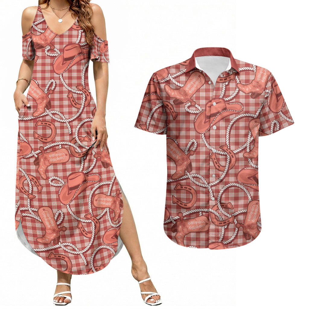 Red Hawaii Palaka Cowboy Couples Matching Summer Maxi Dress and Hawaiian Shirt Hawaiian Paniolo Festival Spirit LT19 Red - Polynesian Pride
