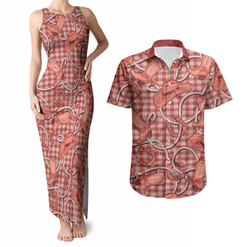 Red Hawaii Palaka Cowboy Couples Matching Tank Maxi Dress and Hawaiian Shirt Hawaiian Paniolo Festival Spirit LT19 Red - Polynesian Pride