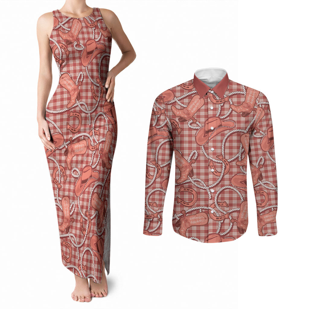 Red Hawaii Palaka Cowboy Couples Matching Tank Maxi Dress and Long Sleeve Button Shirt Hawaiian Paniolo Festival Spirit LT19 Red - Polynesian Pride
