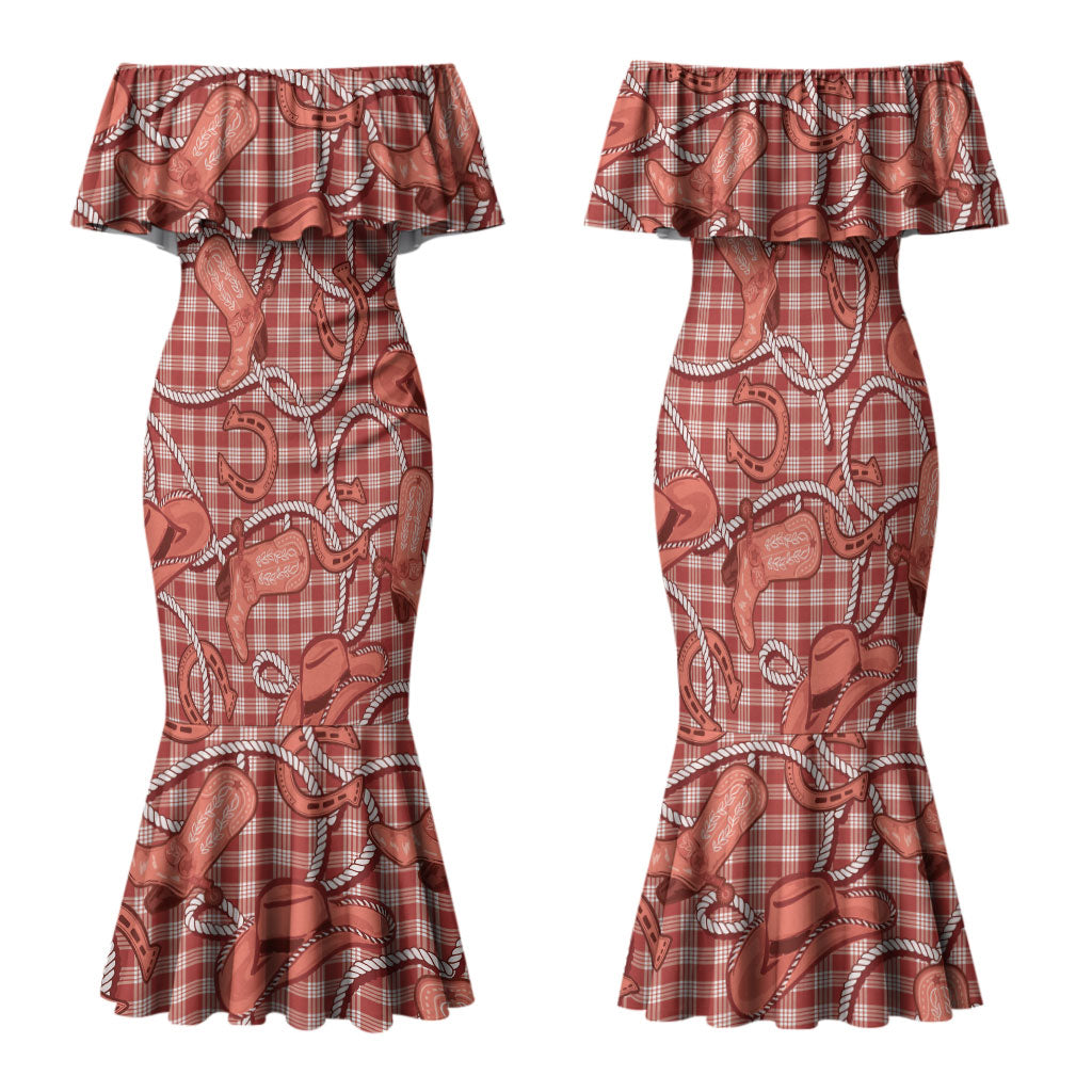 Red Hawaii Palaka Cowboy Family Matching Mermaid Dress and Hawaiian Shirt Hawaiian Paniolo Festival Spirit LT19 Mom's Dress Red - Polynesian Pride