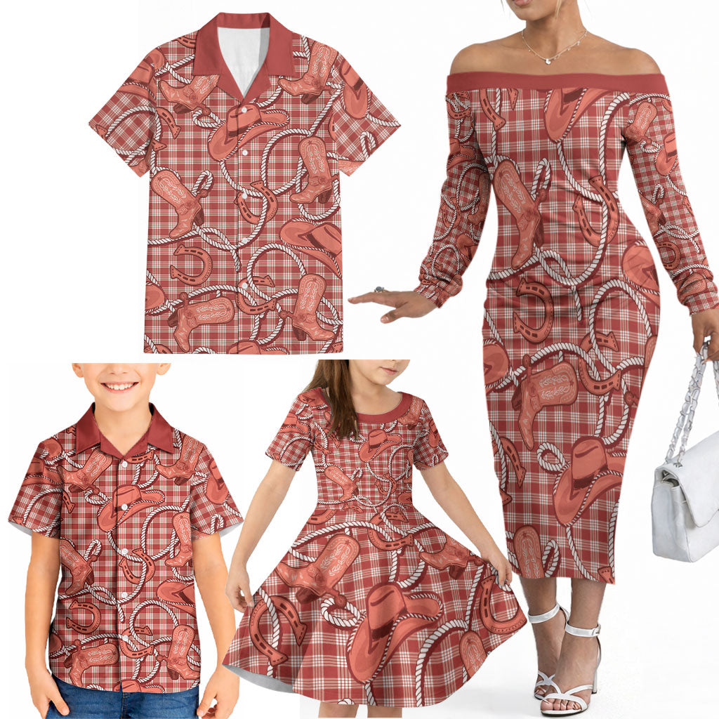 Red Hawaii Palaka Cowboy Family Matching Off The Shoulder Long Sleeve Dress and Hawaiian Shirt Hawaiian Paniolo Festival Spirit LT19 - Polynesian Pride