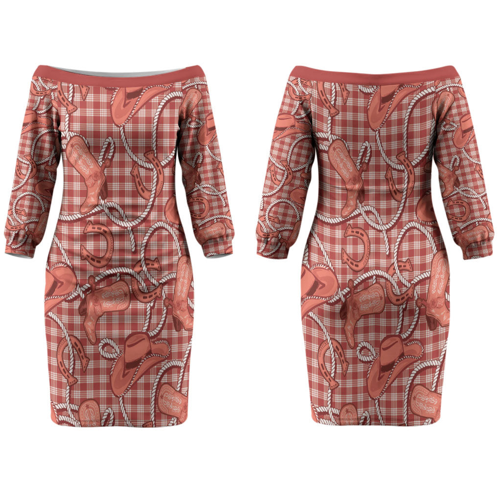 Red Hawaii Palaka Cowboy Family Matching Off The Shoulder Long Sleeve Dress and Hawaiian Shirt Hawaiian Paniolo Festival Spirit LT19 Mom's Dress Red - Polynesian Pride