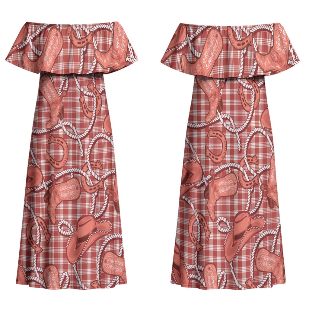 Red Hawaii Palaka Cowboy Family Matching Off Shoulder Maxi Dress and Hawaiian Shirt Hawaiian Paniolo Festival Spirit LT19 Mom's Dress Red - Polynesian Pride