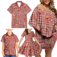 Red Hawaii Palaka Cowboy Family Matching Off Shoulder Short Dress and Hawaiian Shirt Hawaiian Paniolo Festival Spirit LT19 - Polynesian Pride