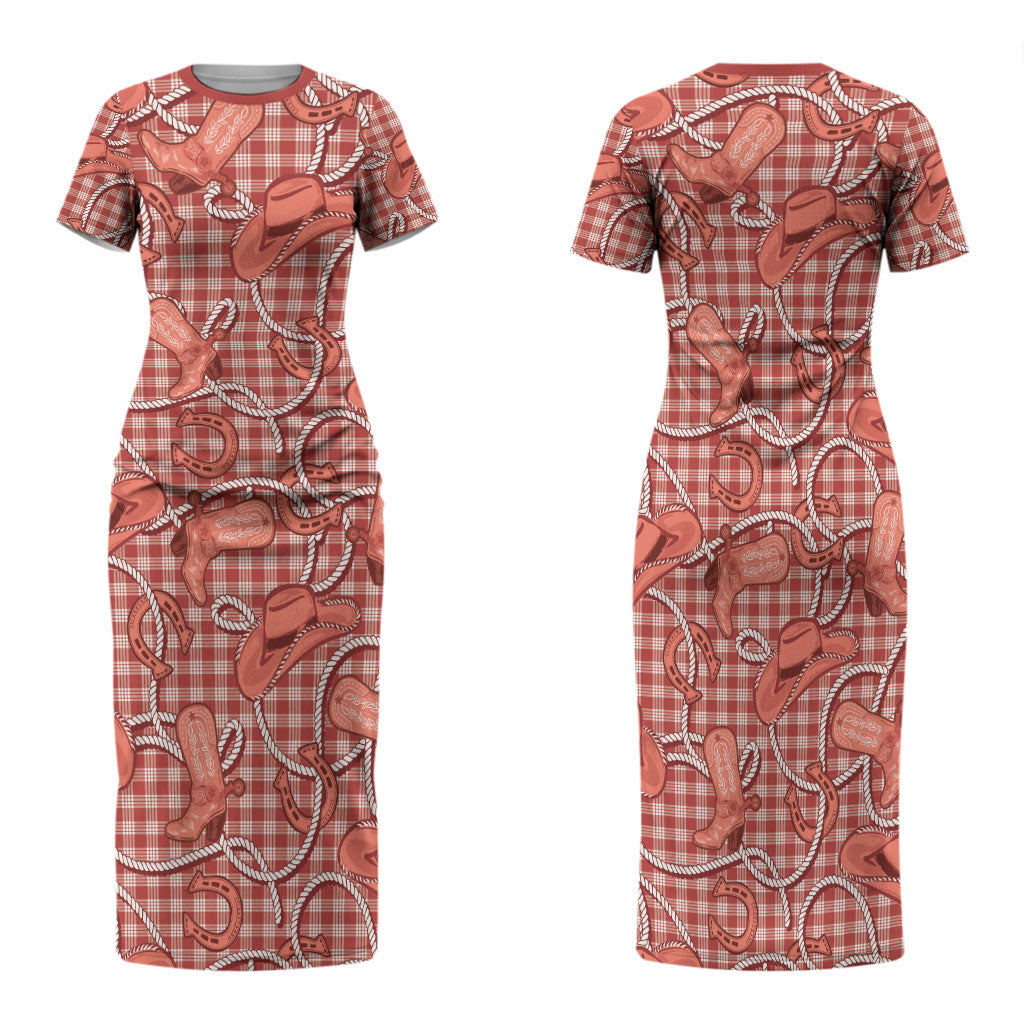 Red Hawaii Palaka Cowboy Family Matching Short Sleeve Bodycon Dress and Hawaiian Shirt Hawaiian Paniolo Festival Spirit LT19 Mom's Dress Red - Polynesian Pride