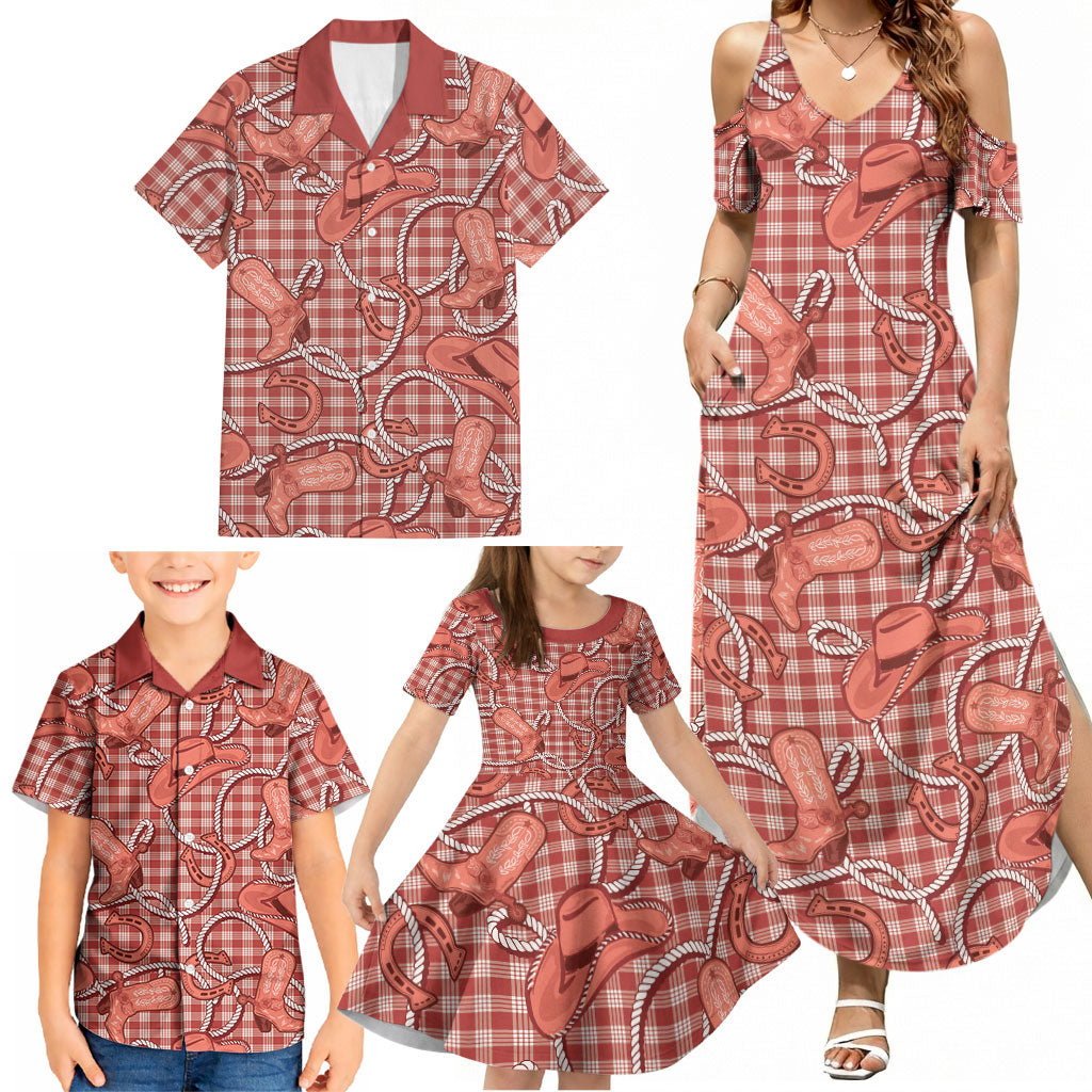 Red Hawaii Palaka Cowboy Family Matching Summer Maxi Dress and Hawaiian Shirt Hawaiian Paniolo Festival Spirit LT19 - Polynesian Pride