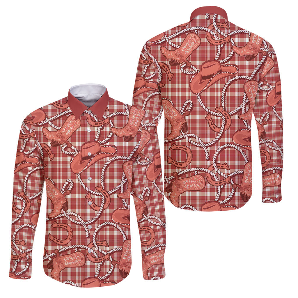 Red Hawaii Palaka Cowboy Family Matching Summer Maxi Dress and Hawaiian Shirt Hawaiian Paniolo Festival Spirit LT19 Dad's Shirt - Long Sleeve Red - Polynesian Pride