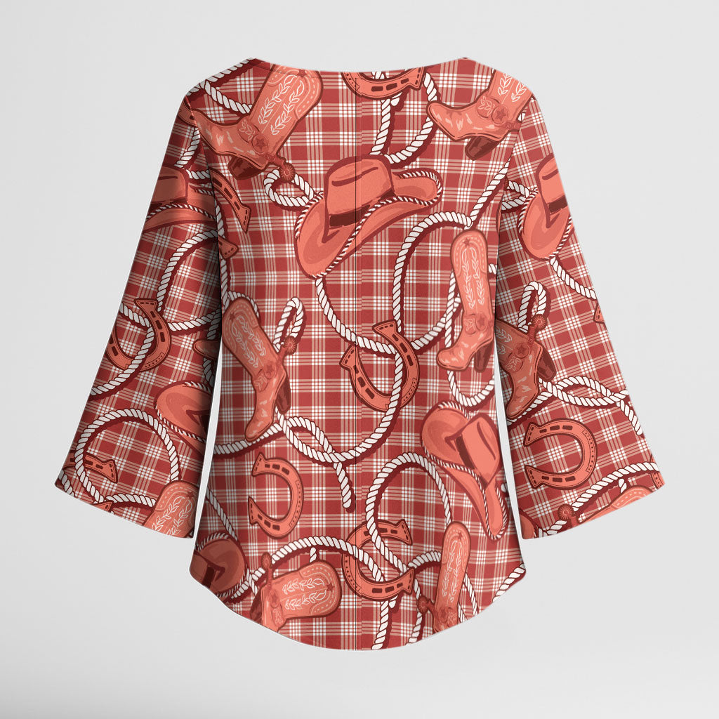 Red Hawaii Palaka Cowboy Kimono Sleeve Blouse Hawaiian Paniolo Festival Spirit LT19 - Polynesian Pride