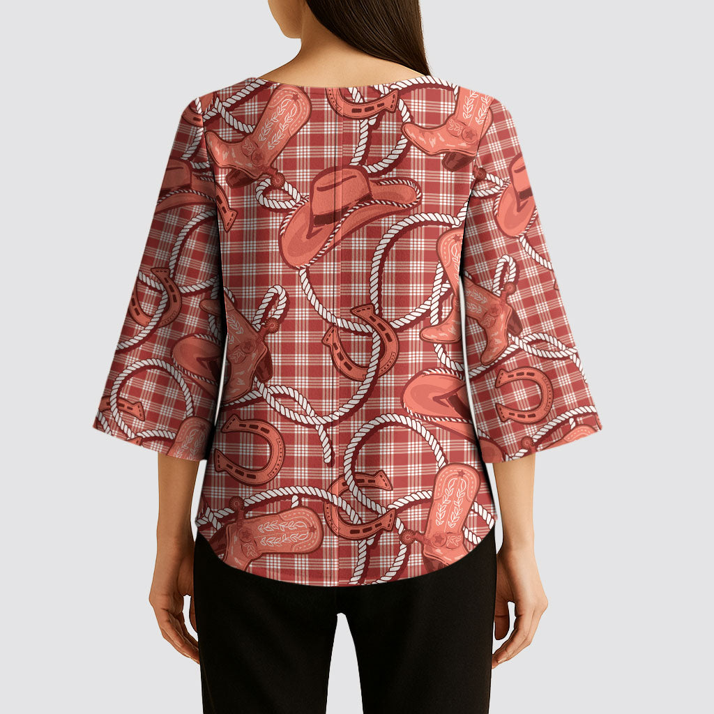 Red Hawaii Palaka Cowboy Kimono Sleeve Blouse Hawaiian Paniolo Festival Spirit LT19 - Polynesian Pride