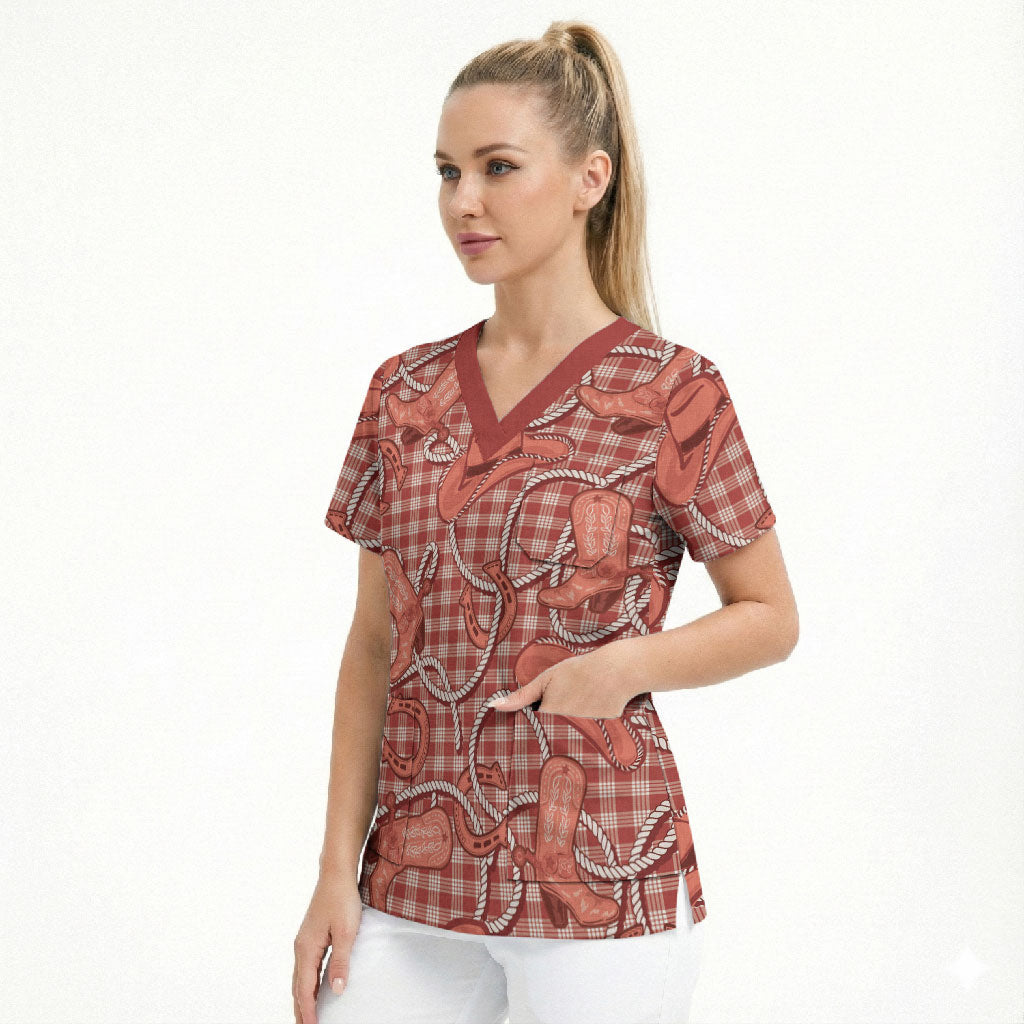 Red Hawaii Palaka Cowboy Scrub Top Hawaiian Paniolo Festival Spirit LT19 - Polynesian Pride