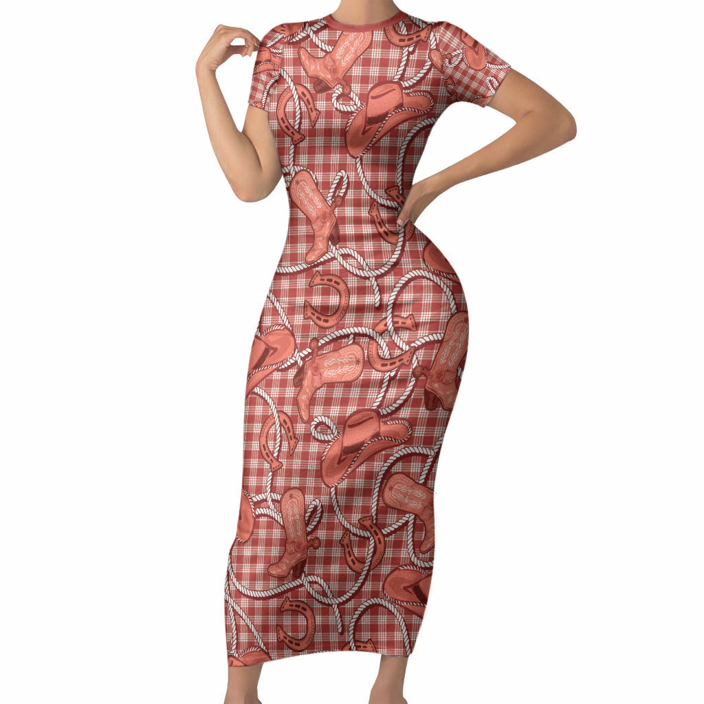 Red Hawaii Palaka Cowboy Short Sleeve Bodycon Dress Hawaiian Paniolo Festival Spirit LT19 Long Dress Red - Polynesian Pride