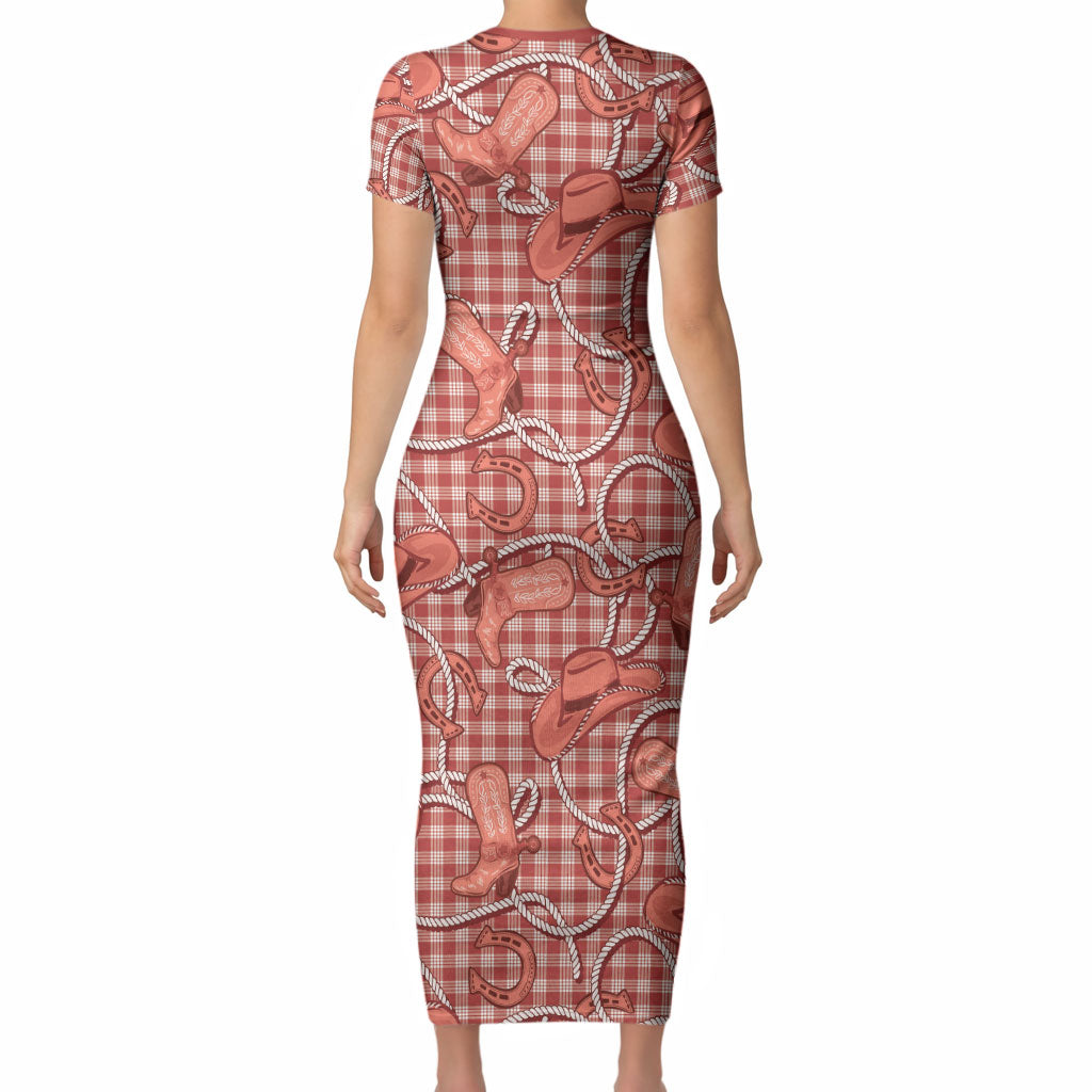 Red Hawaii Palaka Cowboy Short Sleeve Bodycon Dress Hawaiian Paniolo Festival Spirit LT19 - Polynesian Pride