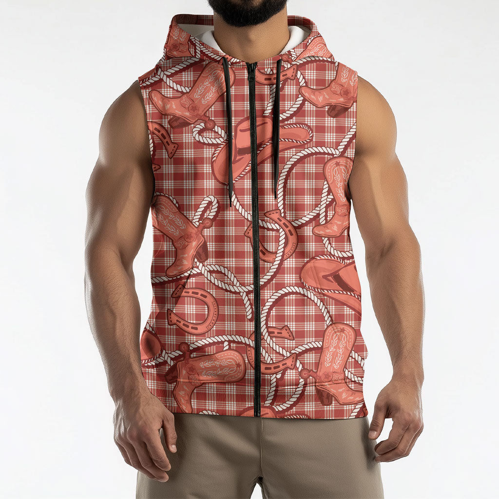 Red Hawaii Palaka Cowboy Sleeveless Zip Hoodie Hawaiian Paniolo Festival Spirit LT19 - Polynesian Pride