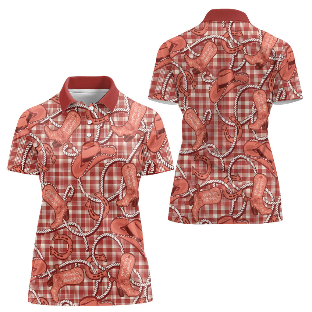 Red Hawaii Palaka Cowboy Women Polo Shirt Hawaiian Paniolo Festival Spirit LT19 - Polynesian Pride